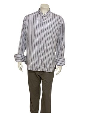 Shanghai Tang Men’s Light Blue Striped French Cuffs Dress Shirt